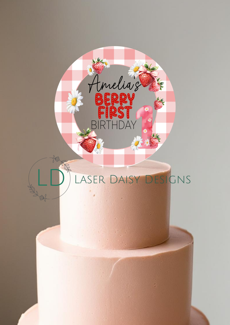 Berry First Birthday Strawberry theme Cake Topper. Personalised. Non edible