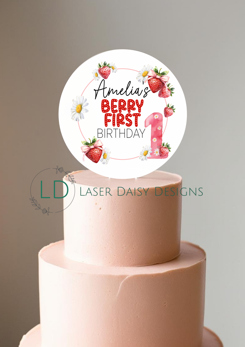 Berry First Birthday Strawberry theme Cake Topper. Personalised. Non edible