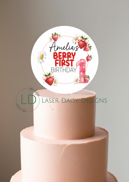 Berry First Birthday Strawberry theme Cake Topper. Personalised. Non edible
