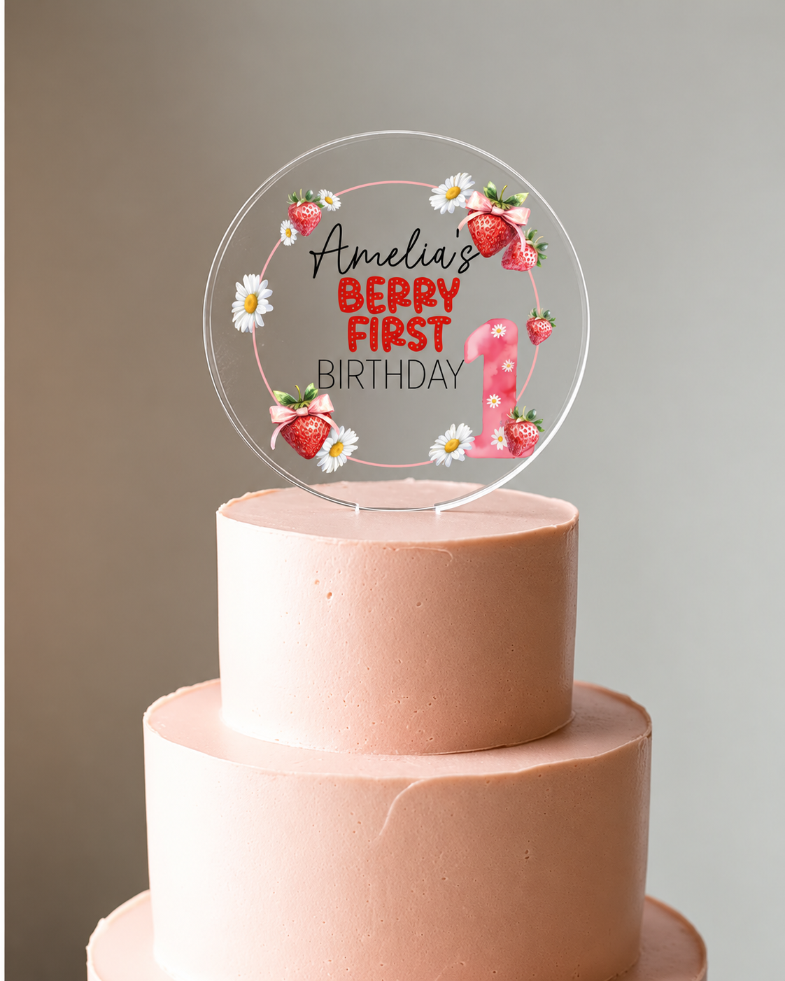Berry First Birthday Strawberry theme Cake Topper. Personalised. Non edible