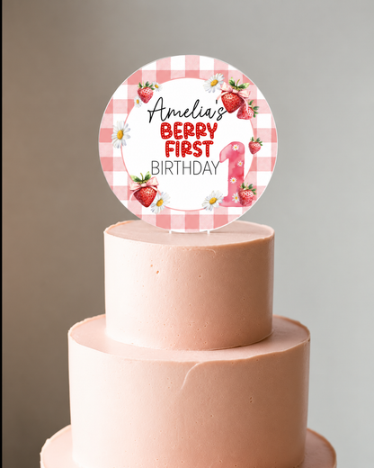 Berry First Birthday Strawberry theme Cake Topper. Personalised. Non edible