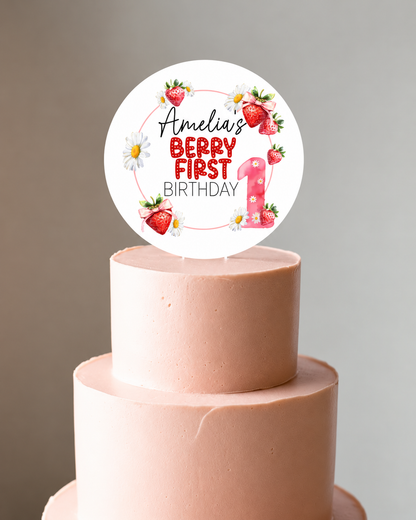 Berry First Birthday Strawberry theme Cake Topper. Personalised. Non edible