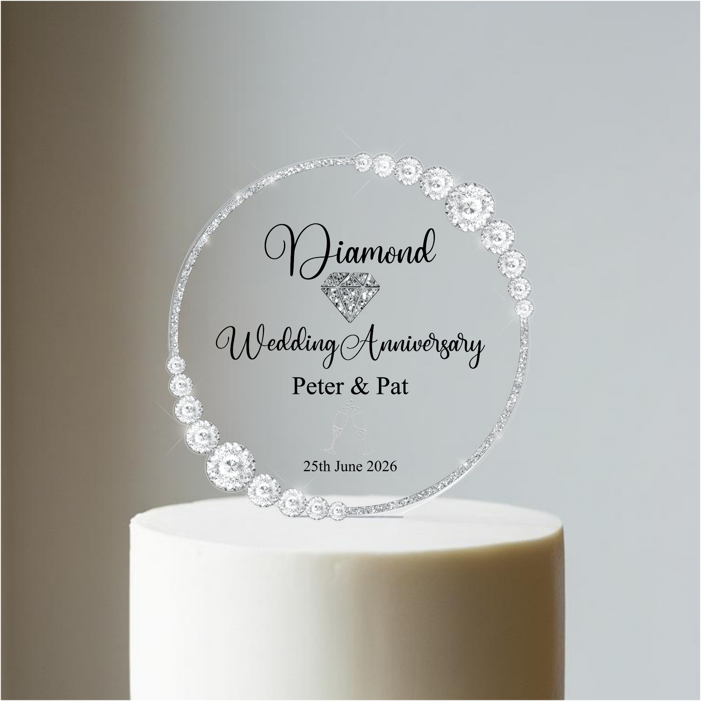 Diamond Wedding 60th Anniversary Printed Acrylic Cake Topper. Personalised. Non edible