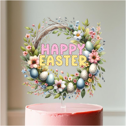 Happy Easter Wreath Printed Acrylic Cake Topper. Personalised. Non edible