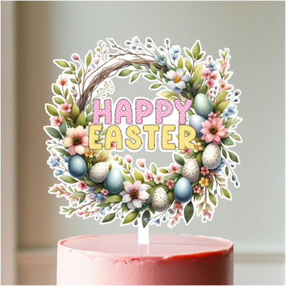 Happy Easter Wreath Printed Acrylic Cake Topper. Personalised. Non edible