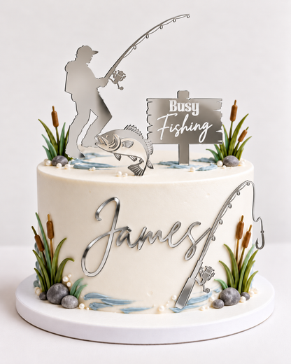 Acrylic Fishing theme cake topper/charm set.