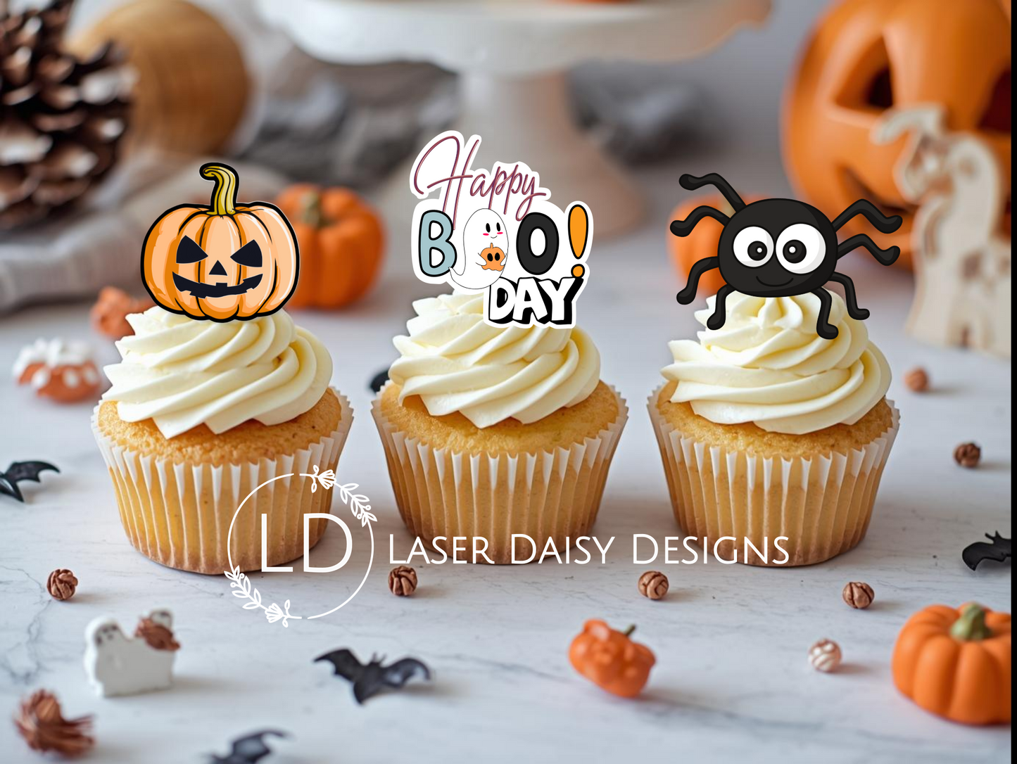 Halloween Happy BooDay Acrylic Cupcake Charm or Topper set. Personalised. Non edible