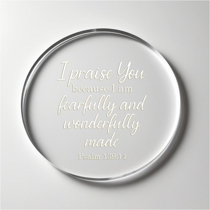 I praise You, Psalm 139:14 verse with border. Printed Acrylic Cake Topper. Non edible