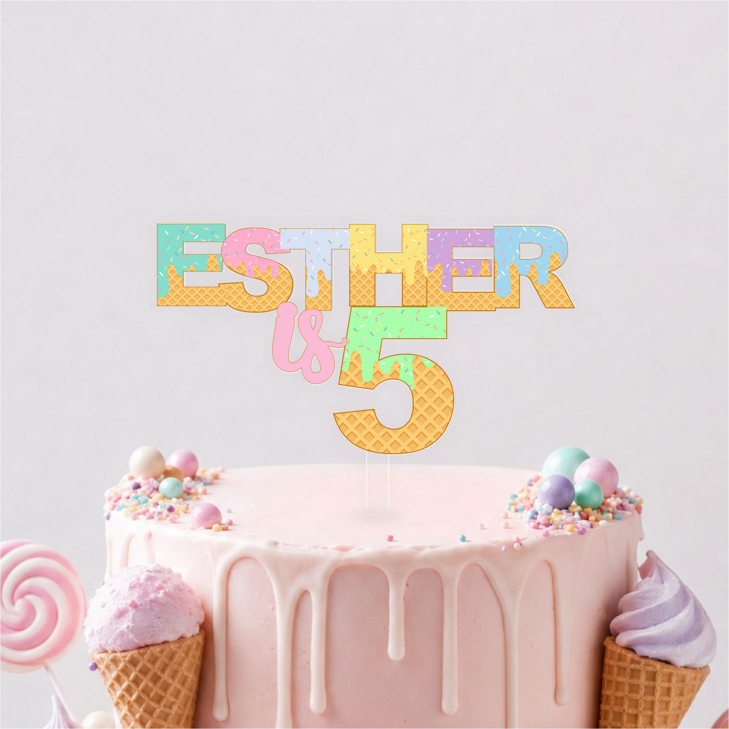 Ice Cream Sweet Party theme 'Name is Age' printed cake topper or charm