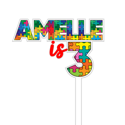 Jigsaw theme 'Name is Age' printed cake topper or charm