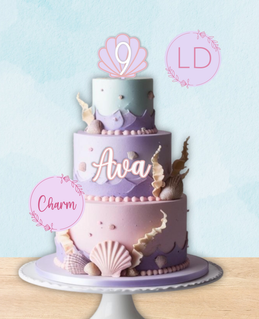 Mermaid Clam Shell Theme Charm/Topper Set. Double Layer Various Size, Font & Colour Options.