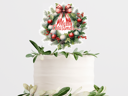 Printed Christmas Wreath Acrylic  Christmas Cake Topper or Charm. Non edible. Reusable