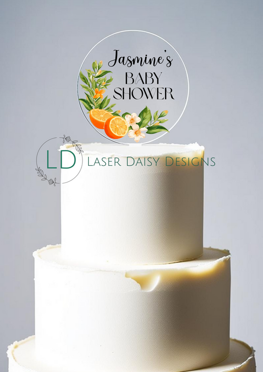 Orange Mediterranean Style Acrylic Cake Topper. Personalised. Non edible