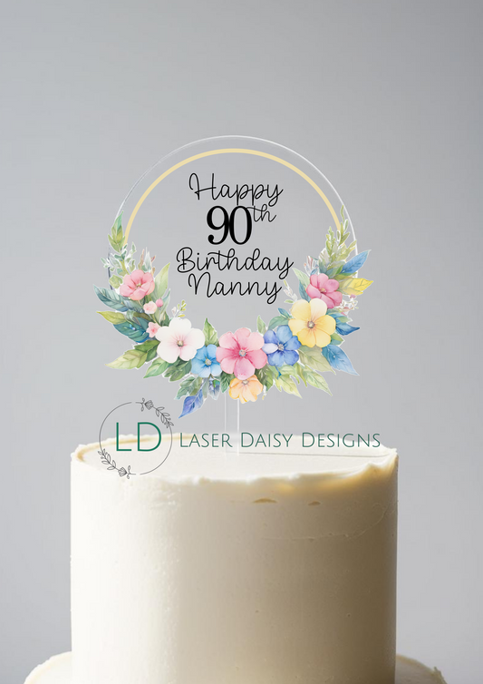 Printed Floral Wreath Acrylic Birthday Cake Topper. Personalised. Non edible