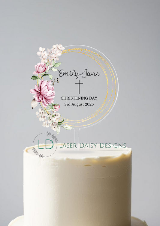 Printed Floral Acrylic Christening Baptism Cake Topper. Personalised. Non edible