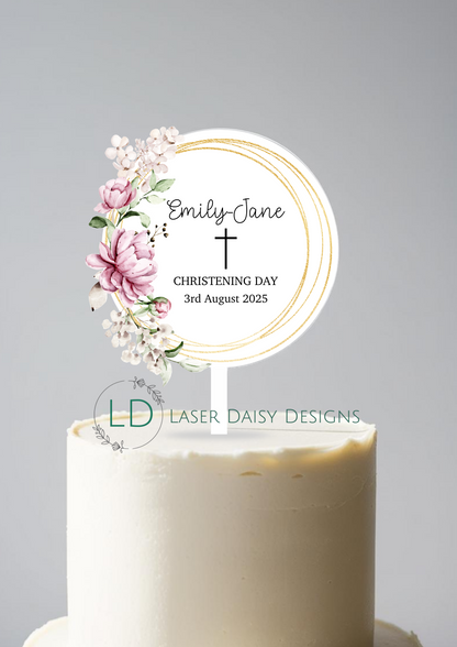 Printed Floral Acrylic Christening Baptism Cake Topper. Personalised. Non edible