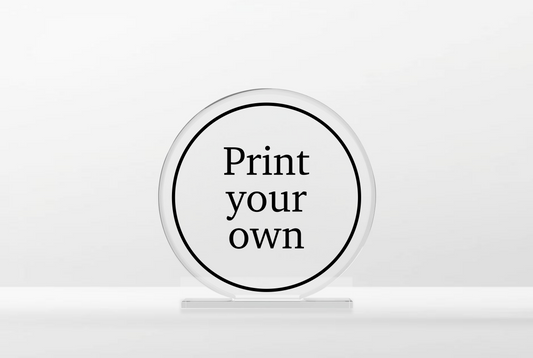 Print your own. 3mm clear cast acrylic plaque with stand. Optional stand colours.