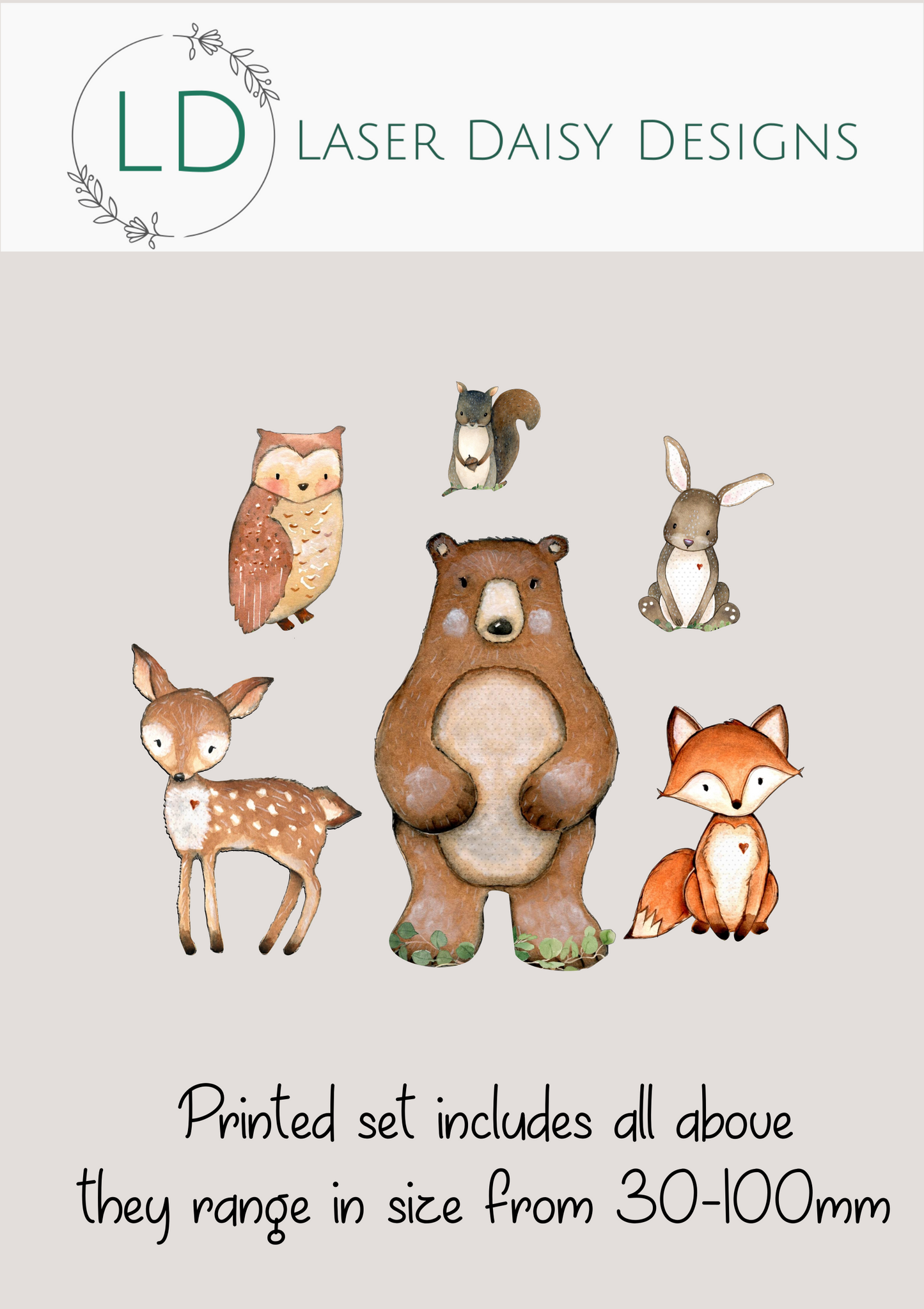 Cute Woodland Animals. Printed Acrylic Cake Charm Set. Various Options