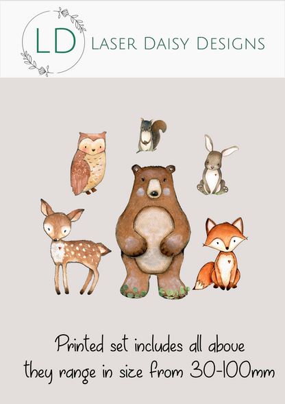 Cute Woodland Animals. Printed Acrylic Cake Charm Set. Various Options