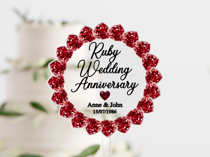 Ruby Wedding Anniversary Printed Acrylic Cake Topper. Personalised. Non edible