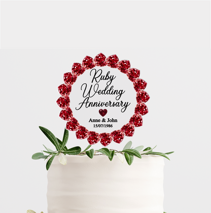 Ruby Wedding Anniversary Printed Acrylic Cake Topper. Personalised. Non edible