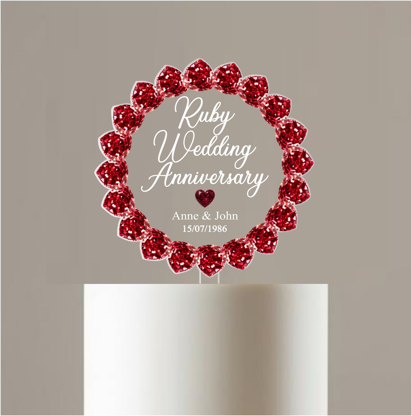 Ruby Wedding Anniversary Printed Acrylic Cake Topper. Personalised. Non edible