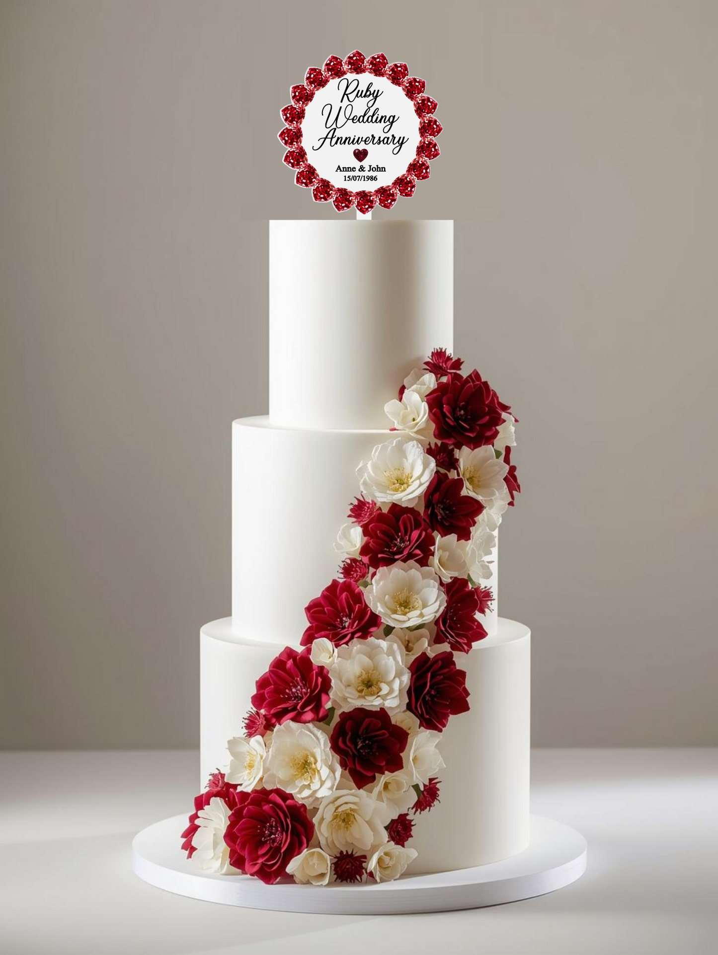 Ruby Wedding Anniversary Printed Acrylic Cake Topper. Personalised. Non edible