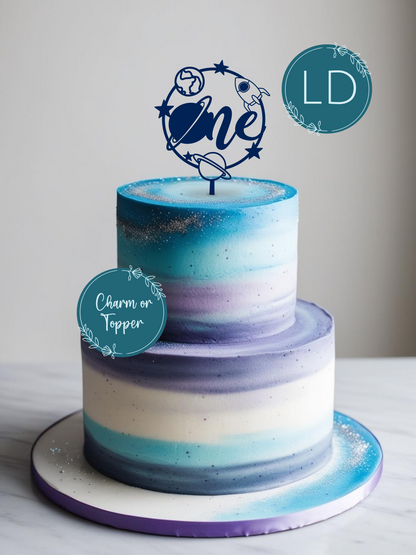 Space Theme One Cake Topper or Charm. Various Colours & Sizes. Optional Printed charm set