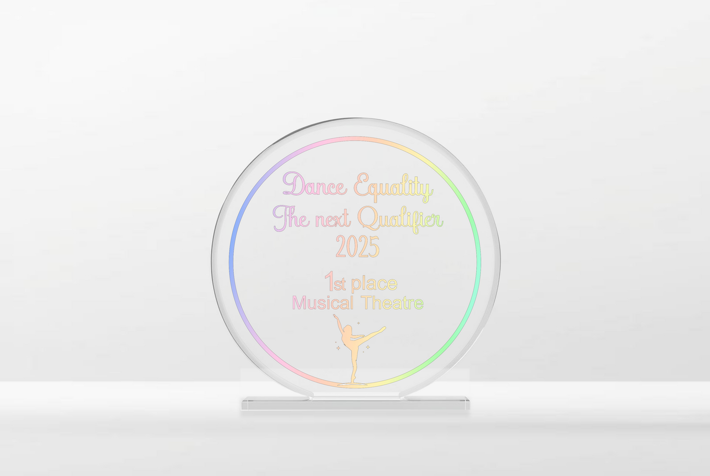Print your own Dance/Competition/Cheer/Beauty Trophy Award. 3mm clear cast acrylic plaque with stand. Optional stand colours.