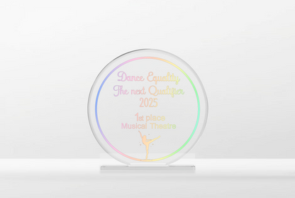 Print your own Dance/Competition/Cheer/Beauty Trophy Award. 3mm clear cast acrylic plaque with stand. Optional stand colours.