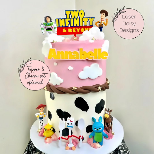 Double layer Two Infinity & Beyond cake charm or topper. Various Size Options.