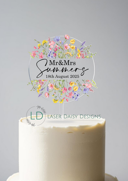 Printed Wildflower Acrylic Wedding Cake Topper. Personalised. Non edible