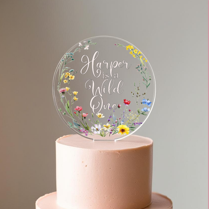 Wild One printed Wildflower Acrylic Birthday Cake Topper. Personalised. Non edible