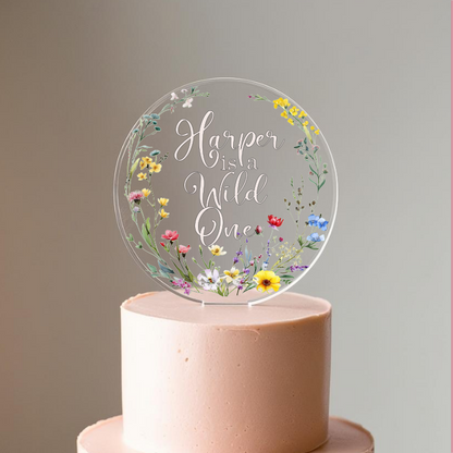 Wild One printed Wildflower Acrylic Birthday Cake Topper. Personalised. Non edible