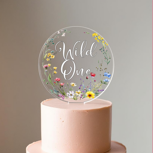 Wild One printed Wildflower Acrylic Birthday Cake Topper. Personalised. Non edible