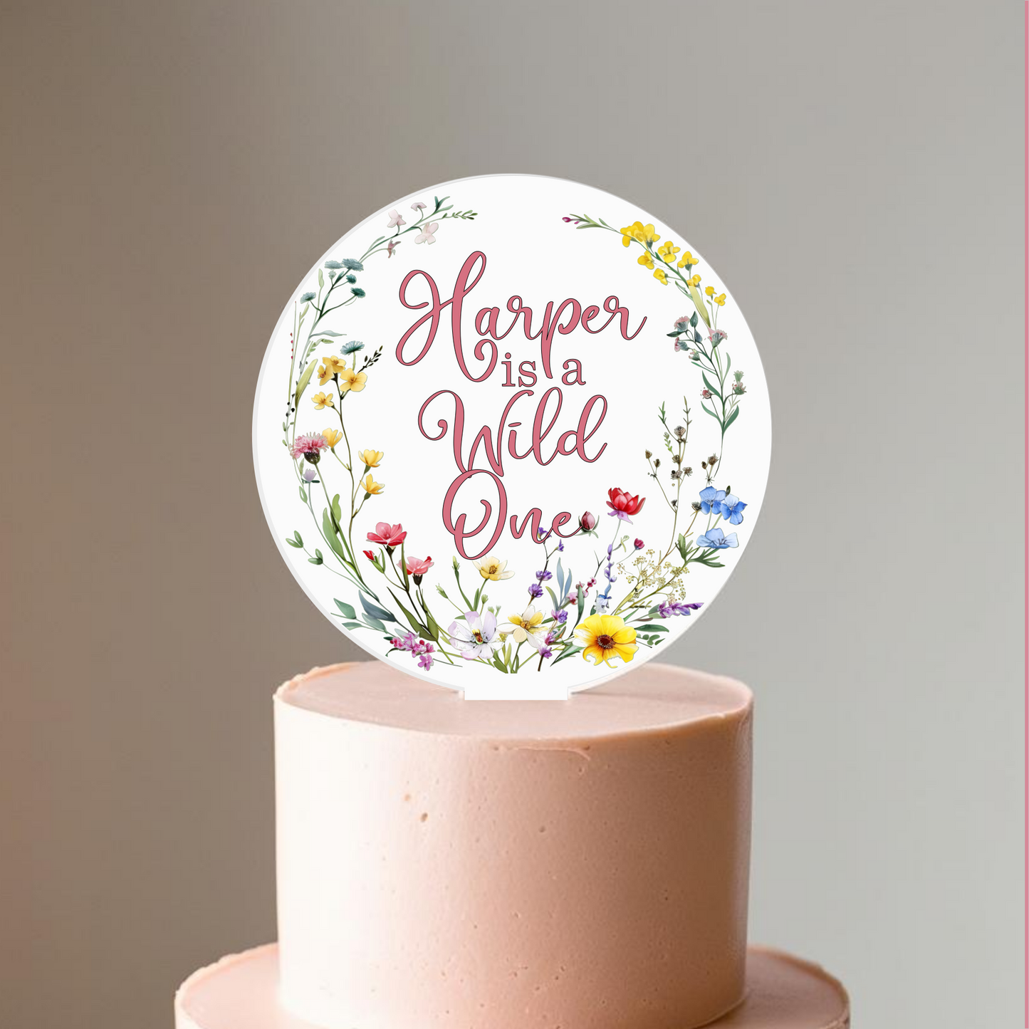Wild One printed Wildflower Acrylic Birthday Cake Topper. Personalised. Non edible
