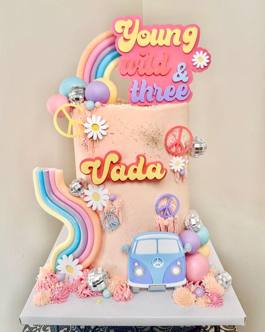 Young Wild & Three Campervan Groovy Themed Charm/Topper Set. Various Size & Colour Options.