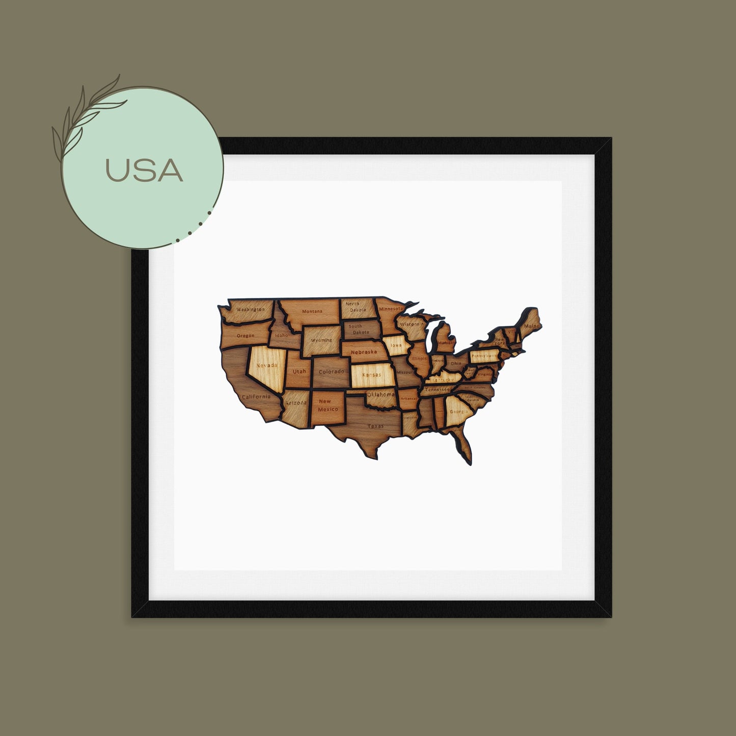 Handmade, wooden map of USA, world map. Framed home, office, custom, personalised wall, freestanding art, gift