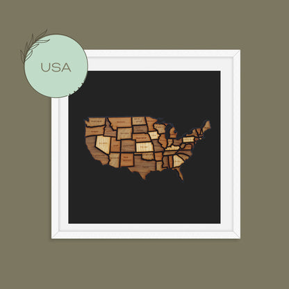 Handmade, wooden map of USA, world map. Framed home, office, custom, personalised wall, freestanding art, gift
