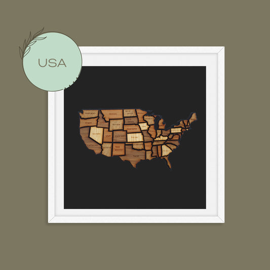 Handmade, wooden map of USA, world map. Framed home, office, custom, personalised wall, freestanding art, gift