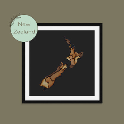 Handmade, wooden map of New Zealand, world map. Framed home, office, custom, personalised wall, freestanding art, gift