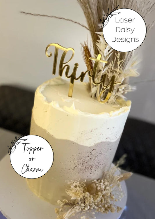 Acrylic 'Thirty' Cake Topper or Charm. Various Fonts, Colours & Sizes