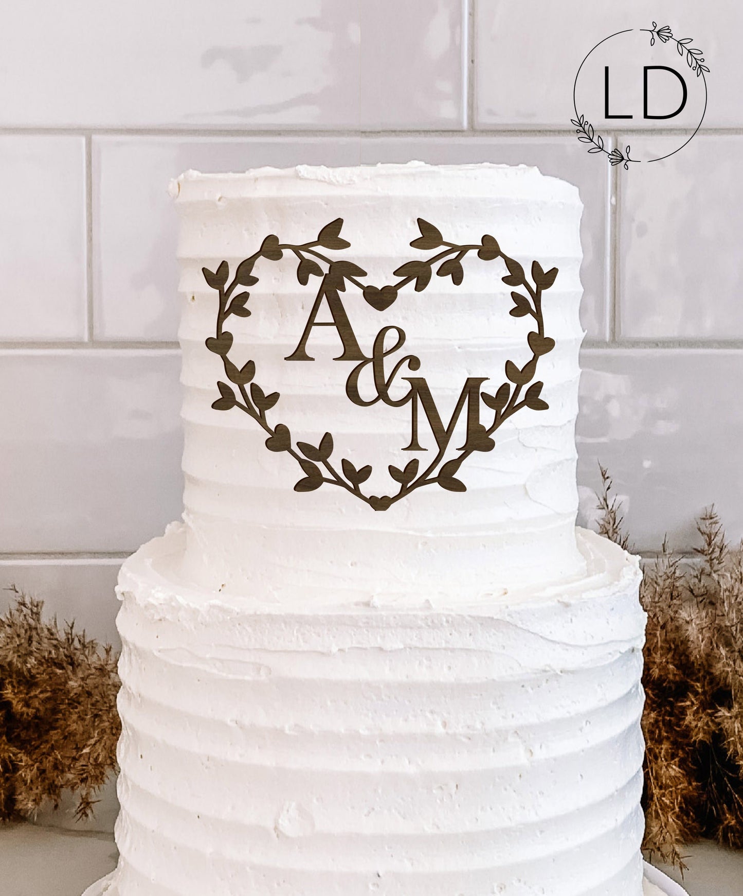 Heart Wreath Topper or Charm with Initials Monogram. Wood/Acrylic various colours & sizes.