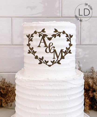 Heart Wreath Topper or Charm with Initials Monogram. Wood/Acrylic various colours & sizes.