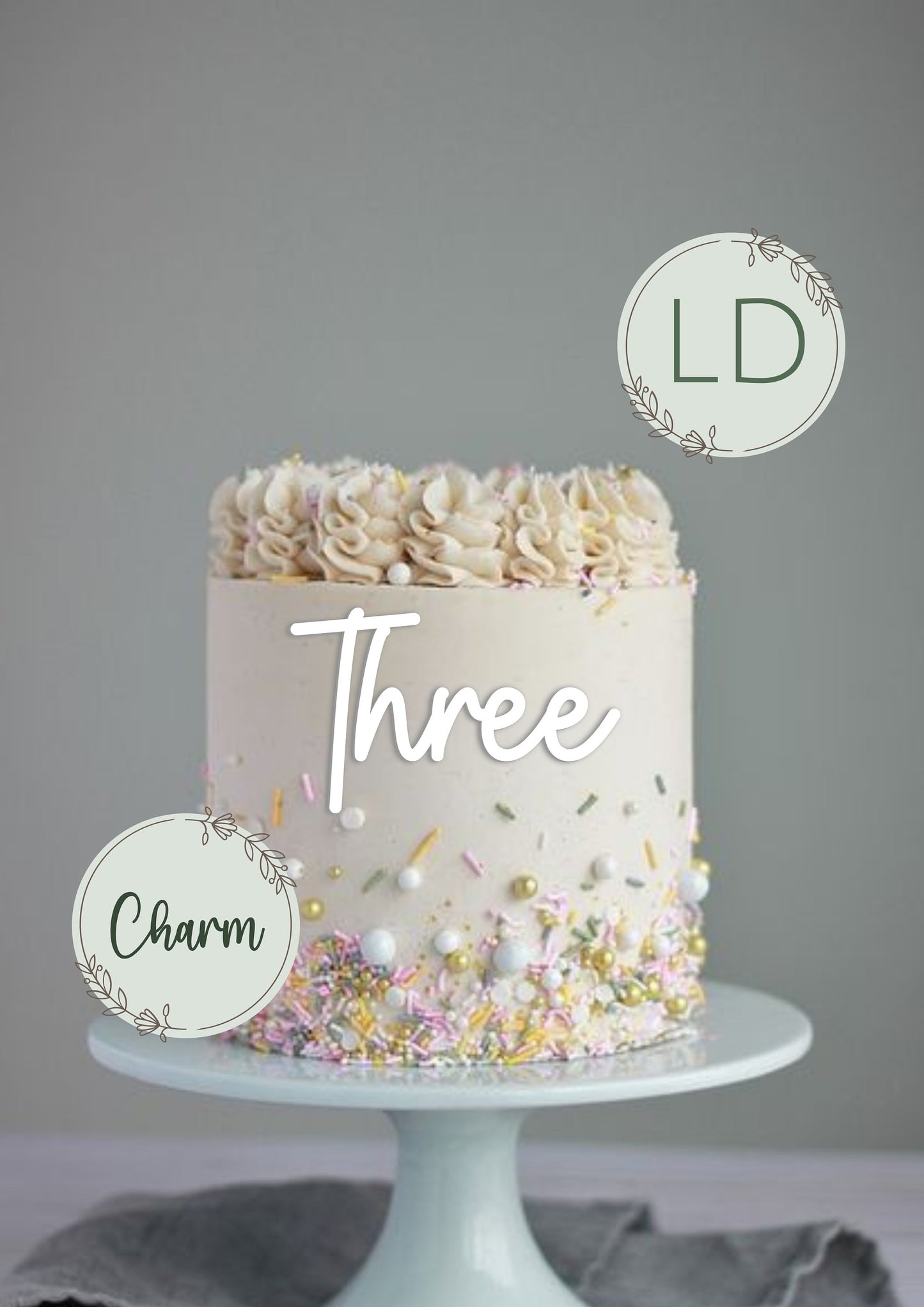 Acrylic 'Three' Cake Topper or Charm. Various Fonts, Colours & Sizes