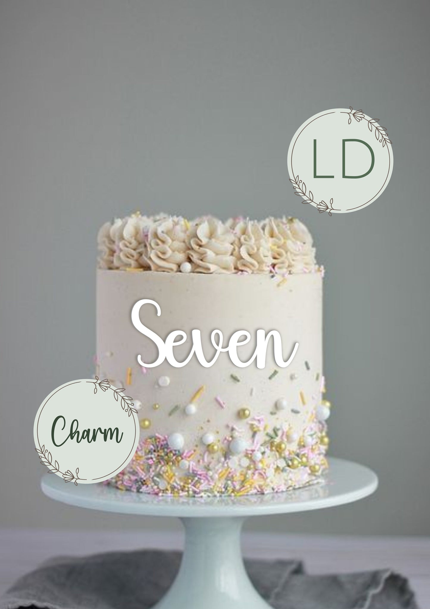 Acrylic 'Seven' Cake Topper or Charm. Various Fonts, Colours & Sizes