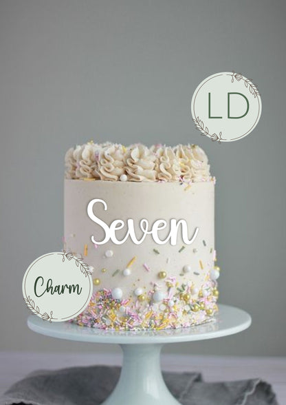 Acrylic 'Seven' Cake Topper or Charm. Various Fonts, Colours & Sizes