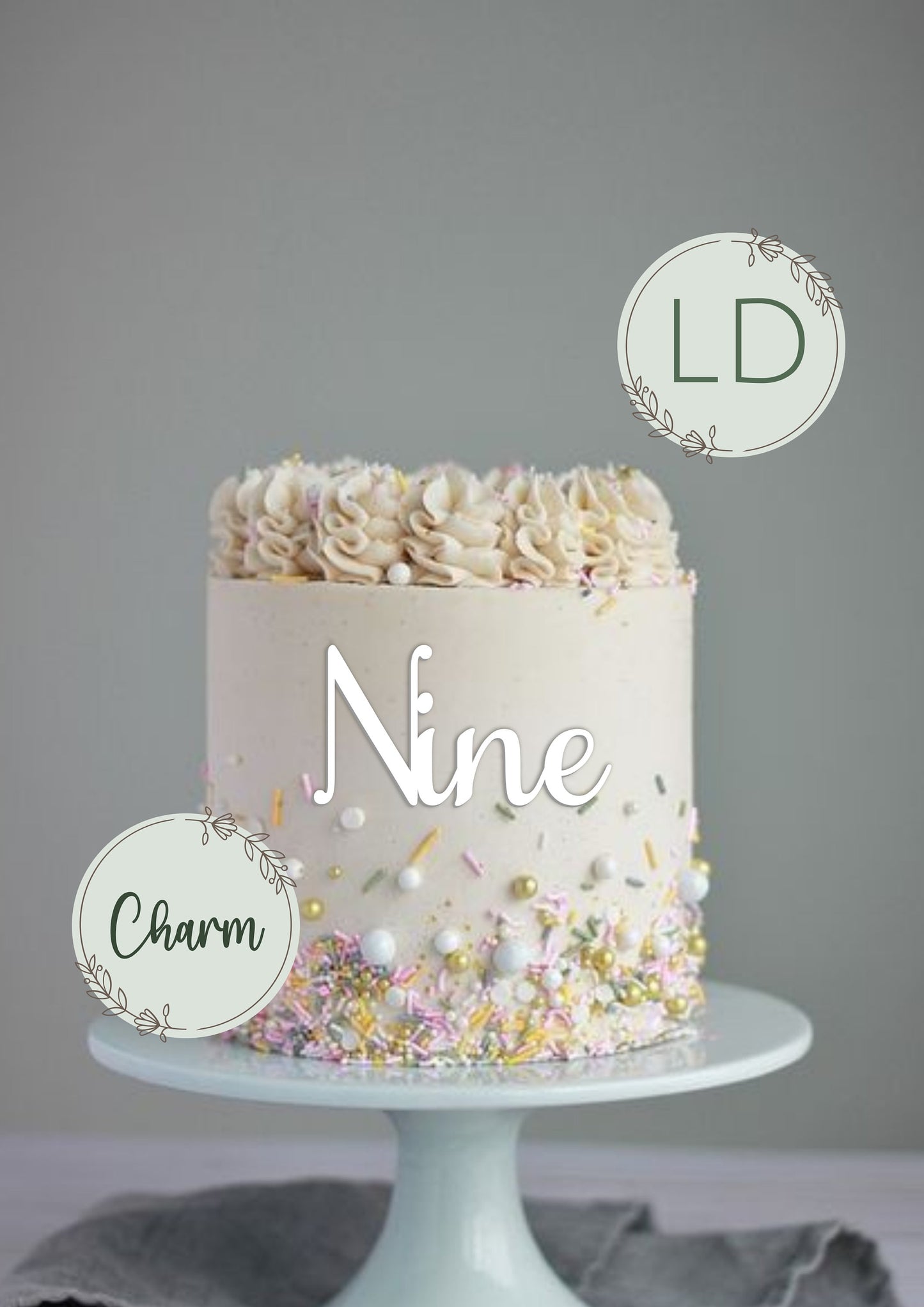 Acrylic 'Nine' Cake Topper or Charm. Various Fonts, Colours & Sizes