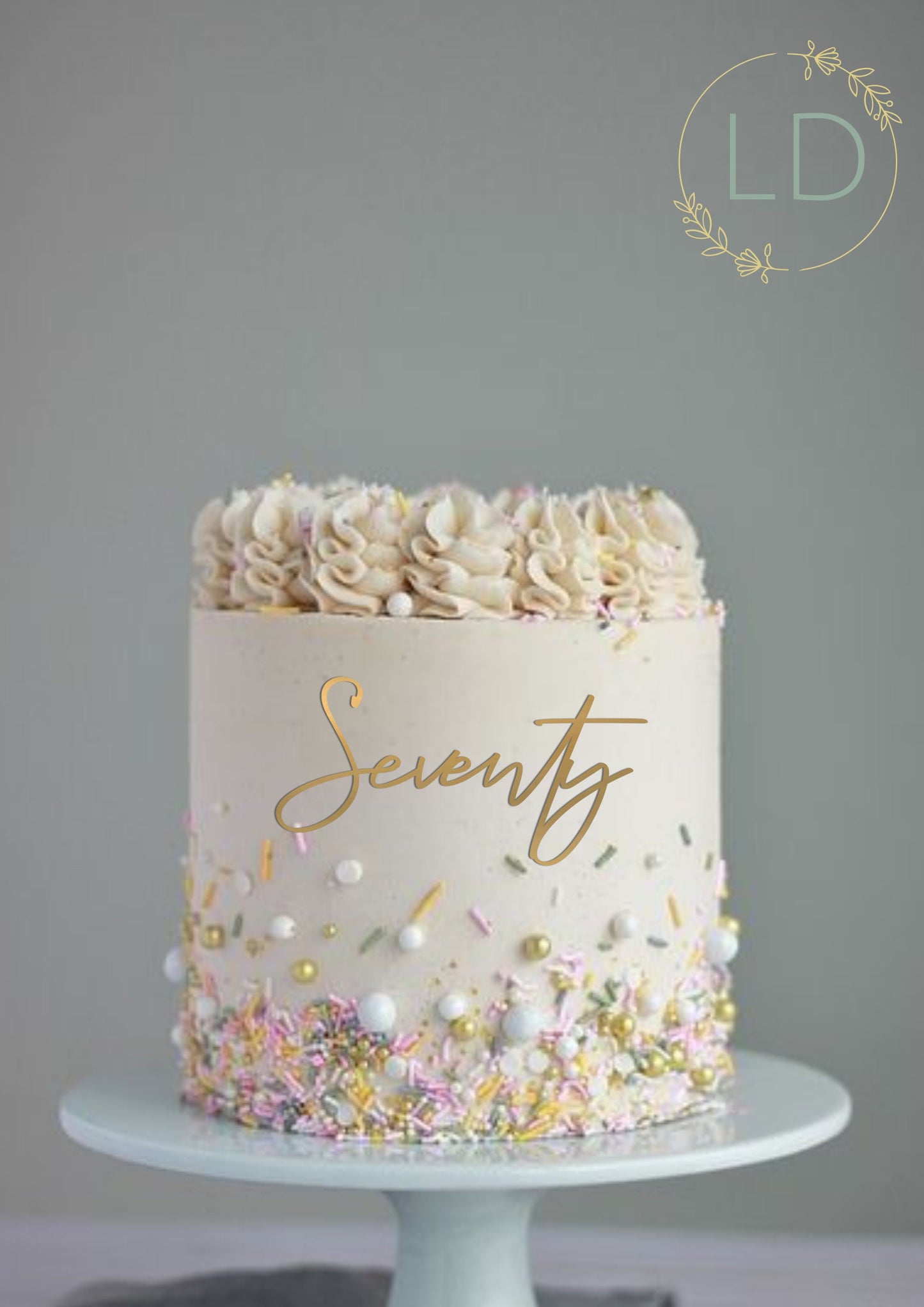 Acrylic 'Seventy' Cake Topper or Charm. Various Fonts, Colours & Sizes