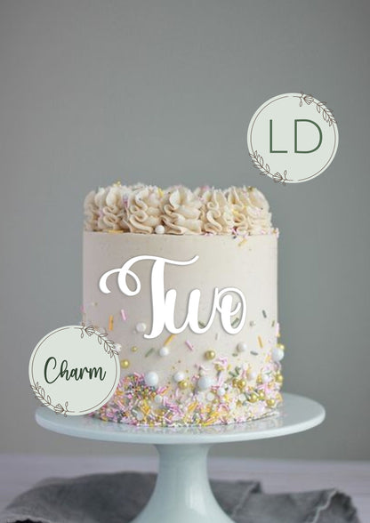 Acrylic 'Two' Cake Topper or Charm. Various Fonts, Colours & Sizes